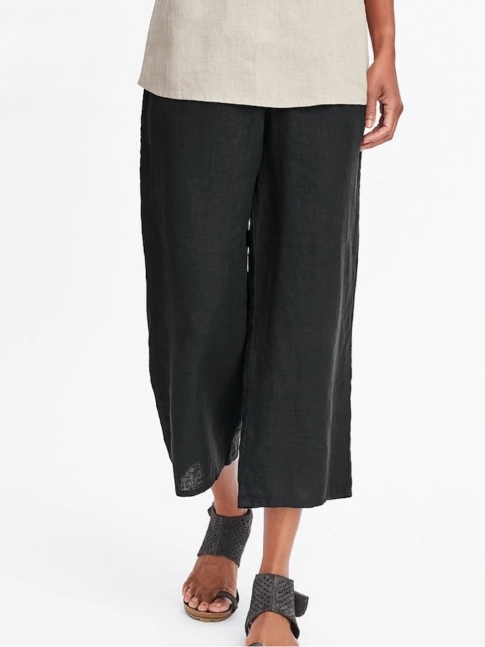 FLAX “Floods” - Cropped Linen Pants With Elastic Waist In Black | Size L